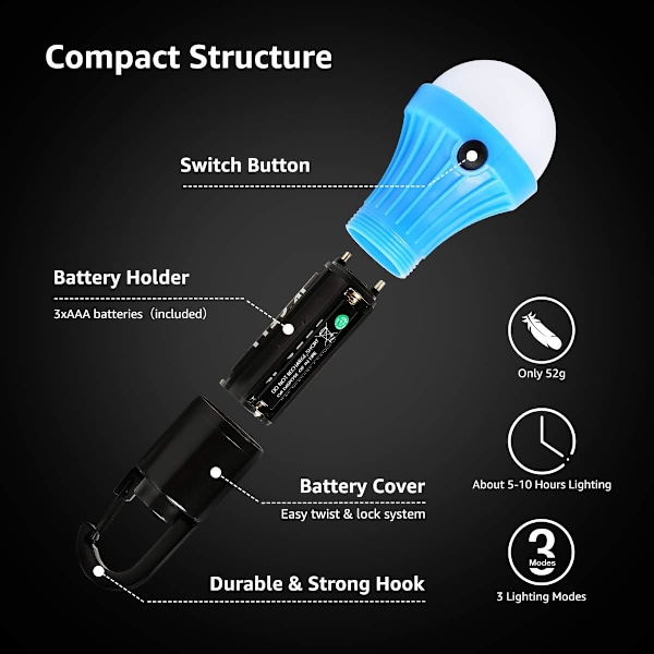 Campinglykta, batteridriven campinglampa (ingår) 3 ljuslägen 80 - 140LM, portabel LED-lampa med krok för tält, camping, vandring, fiske