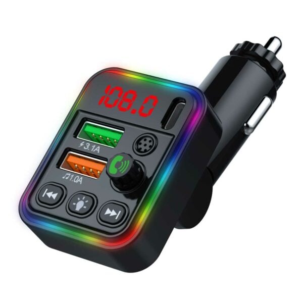 Bluetooth FM-sändare Billaddare USB-C RGB Svart