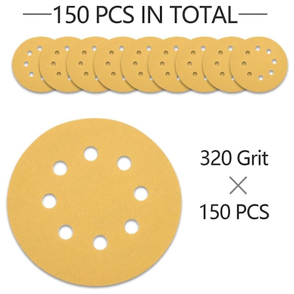 100 stk. Slibeskiver 5 tommer 320 Korn Sandpapir 8 Huller Støvfri Sandpapir til Tilfældig Rille Sliber