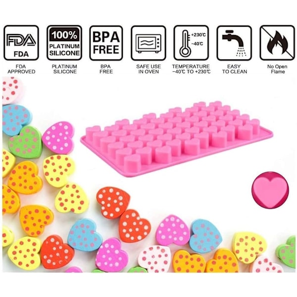Silikone Mini Hjerte 55 Hullers Bageform, Hjerte Isterning Slik Chokoladeform, Valentinsdag Slikform, 2 Pak