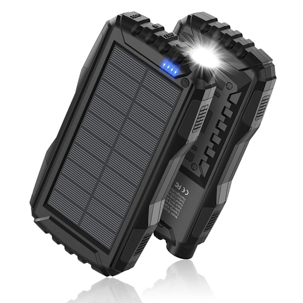 Sollader 20000mAh Power Bank Bærbar Solar Telefonlader, Camping Vanntett Ekstern Batterilader for Mobiltelefon, 2 USB/LED-lommelykt med