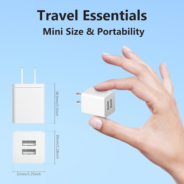 USB-laddare, 2-pack Portabel, 5V 2.1A Dubbel USB-A Port Laddningsadapter, Kompatibel med iPhone, Android, Garmin Klocka, Samsung Klocka, m.m.
