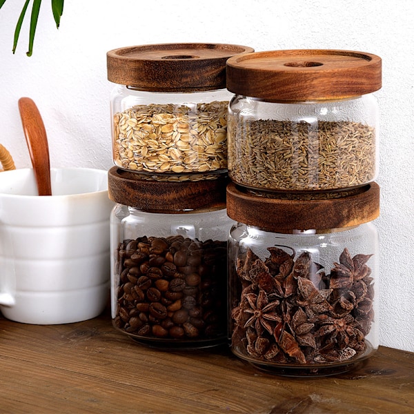 Lufttett glassbeholder Klara beholdere Kornbeholder Matlagringsflasker Kaffe Te Oppbevaringskrukke med trelokk