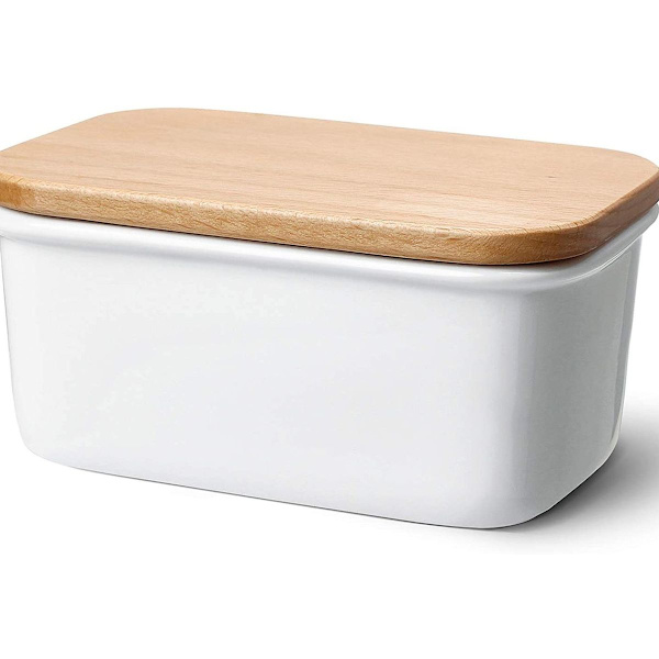 Porcelänssmörgås med trälock, för 250 g smör, stor, vit