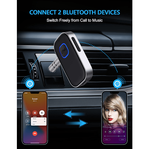 Bluetooth 5.0 bilmottaker med støyreduksjon AUX-adapter Hjemmestereosystem/håndfri samtale Bluetooth musikkmottaker 16 timers batterilevetid - Svart