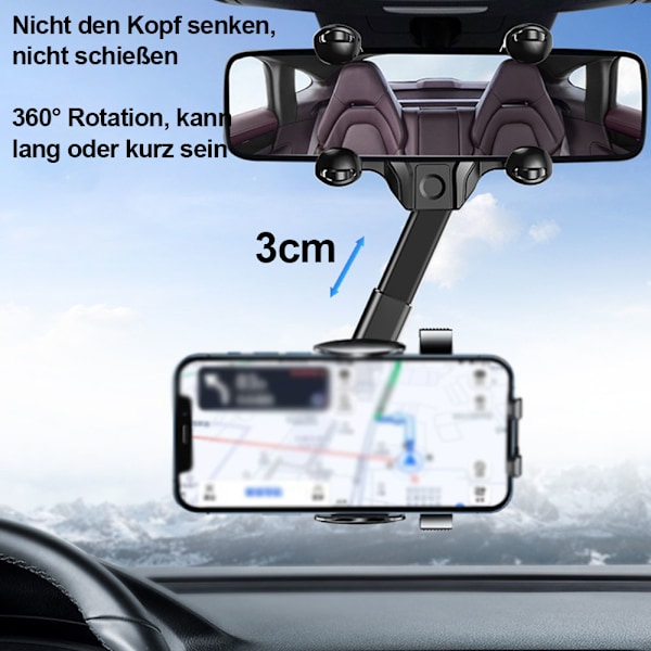 Bakspejl Telefonholder, Universal 360° Roterende og Udtrækkelig Mobiltelefonholder, Mobiltelefonholder, Bilbakspejl til iPhone,