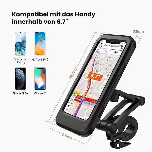 Pyörän Matkapuhelinpidike, Vedenpitävä Älypuhelinpidike Kosketusnäytöllä, 360° Kääntyvä, Korkeussäädettävä iPhone Samsung Galaxy Huawei To