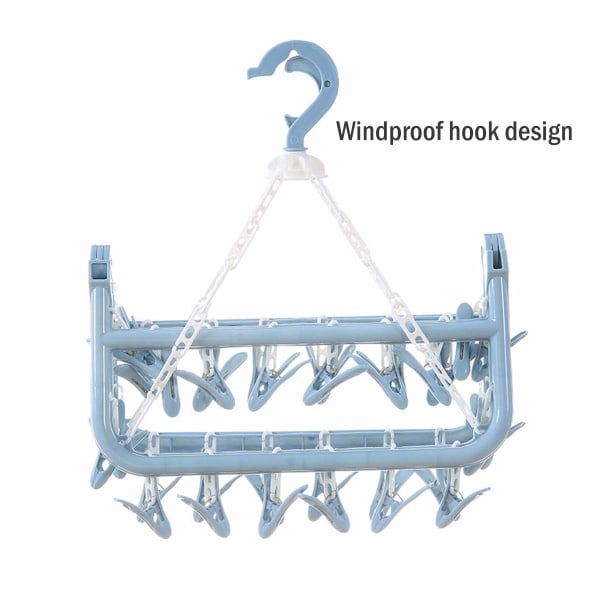 32 sammenleggbare sokkehengere med klips, roterende krok (blå)