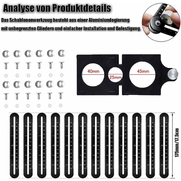 Mallejern, vinkelskabelon, multivinkelmålestok, 12 sider aluminiumlegering, multivinkelmålestok, med hældningslinjal, sort