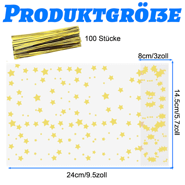 Guld Stjärnor Cellofanpåsar, 100-pack 24 x 15 cm Kakpåsar med 100 Metallband, Stora Korsbaserade Presentpåsar, Presentpåse för Godis, Kakor,