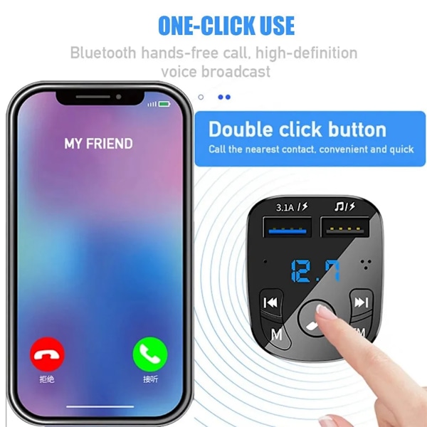 Auton MP3-soitin, kaksi USB-pikalatausliitäntää, FM-Bluetooth-vastaanotin, Bluetooth 5.0 -yhteensopiva, FM-lähetin
