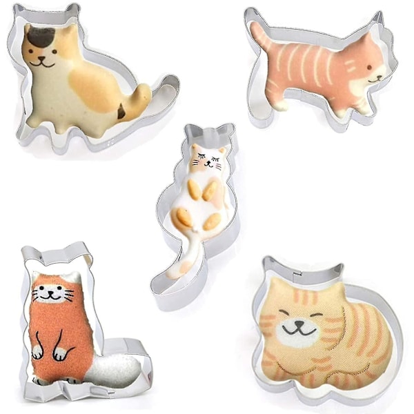 Kakformar Set, 5 st Rostfritt Stål Söta Gående & Sittande Katt Serie DIY Kakform Äggform Tecknad Bakform, Fondantverktyg Pa