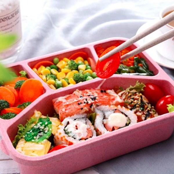 Miljövänlig rosa matlåda med 4 fack för organiserad lunch