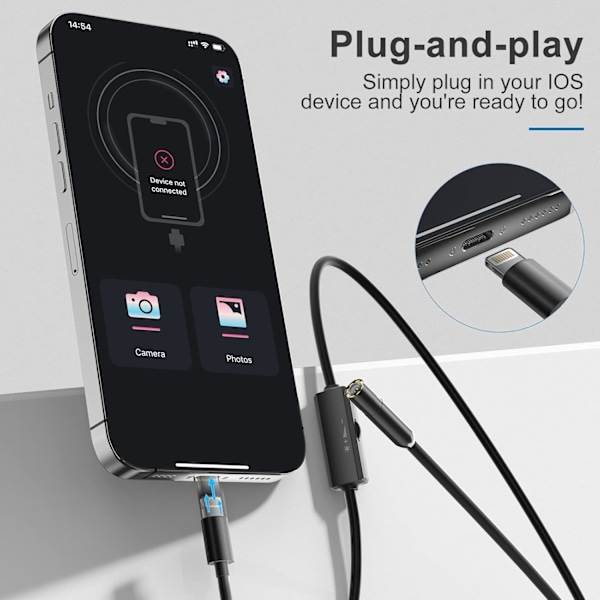 Endoskop for iPhone, ILIHOME inspeksjonskamera med 5,5 mm linse, 5 meter semi-stiv kabel boroskop IP68 vanntett