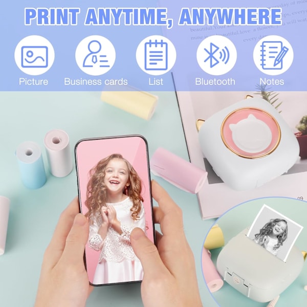 Mini Bärbar Fotoprinter, 15st Mini Värmeprinter, Mini Bluetooth-kompatibel Printer med LED-ljus