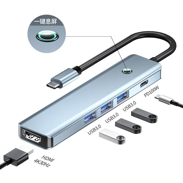USB-C hub med 3xUSB3.0+USB-C, HDMI, PD, 100W