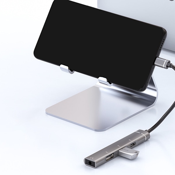 Type-C-telakointiasema 3,5 mm:n liittimeen USB2.0 TypeC HUB 4-in-1-jakaja USB C -sovitin UDisk-näppäimistölle, harmaa