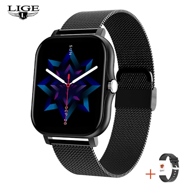 LIGE Ny Bluetooth Samtal Smart Klocka Dam Röstassistent Sport Fitness Armband Vattentät Lday Smartwatch Herr För Android Ios Mesh belt svart
