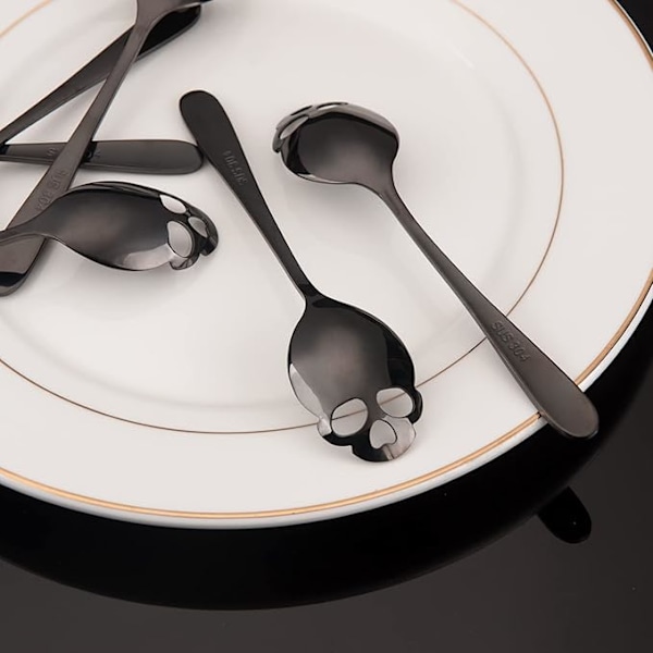 15,2 cm sort kranieske, sæt med 6 skelet teskeer kranie i rustfrit stål sukkerske, kaffe- og teomrøringsske, cool mørkt moderigtigt design