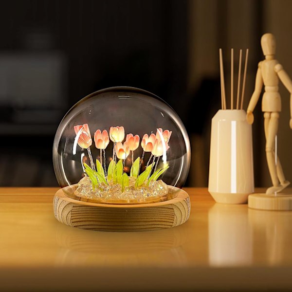 Tulipan nattlys LED Valentinsdag dekorasjonslampe, glass kunstig blomst bordlampe for soverom, bursdag Valentinsdag gave