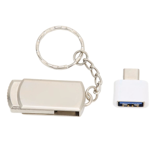 Nøglering Flash Drive USB3.0 Mobiltelefon Computer Dobbelt Anvendelse Bærbar Aluminiumlegering U-disk med TypeC-adaptere (16GB Sølv)