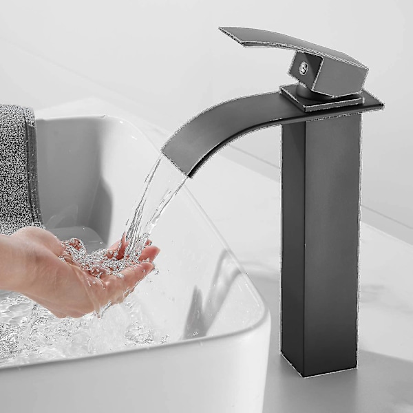 Tall Waterfall Sink Faucet, Bathroom With Cold And Hot Water Available, Waterfall Sink Faucet, Matte Black