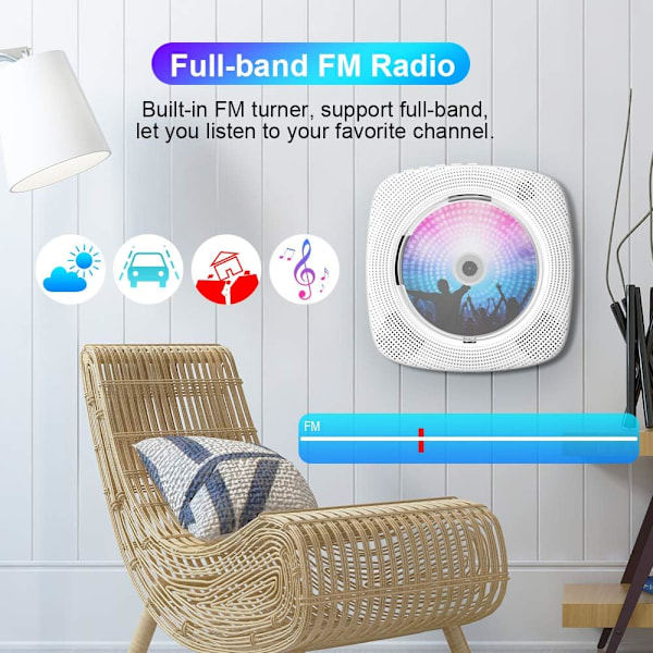 1 stk Bærbar Bluetooth CD-spiller Veggmontert HiFi Innebygd høyttaler med støvdeksel, (Hvit)