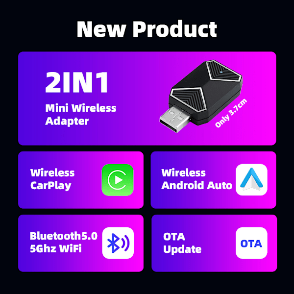 2 I 1 Mini trådløs CarPlay & Android Auto-adapter til iPhone & Android – Nyd friheden fra ledninger