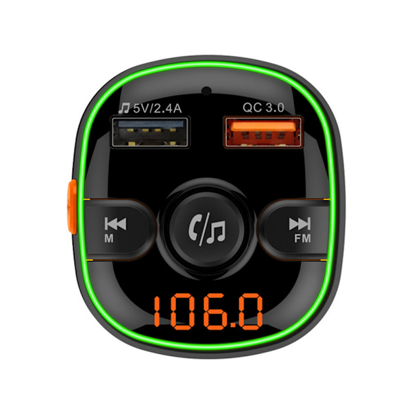 Bluetooth FM-lähetin autoon, QC3.0 langaton Bluetooth-radioadapteri Musiikkisoitin Laturi Autosarja handsfree-toiminnolla, 7-värisellä LED-taustavalolla, 2 USB-porttia