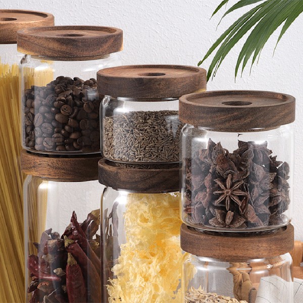 Lufttett glassbeholder Klara beholdere Kornbeholder Matlagringsflasker Kaffe Te Oppbevaringskrukke med trelokk