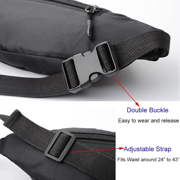 Crossbody-vyölaukku, naisille ja miehille, vyötärölaukku, vedenpitävä, vyölaukku, matkustamiseen, kävelyyn, vaellukseen ja juoksuun (musta)