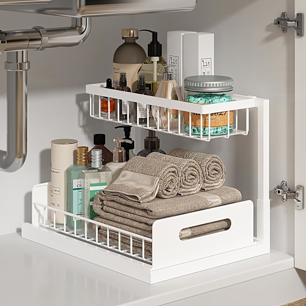 Under Sink Organizer, Pull Out Cabinet Organizer 2 Tier Slide Out Sink Shelf Cabinet Storage Shelves, Under Sink Storage White 2 Pack