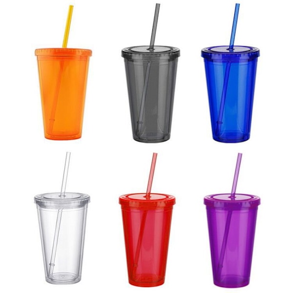 4 st 450 ml platt lock sugrörskopp transparent täckt mjölktekopp hushålls kaffekopp dubbellager plastkopp dricksvattenkopp (slumpmässig färg)