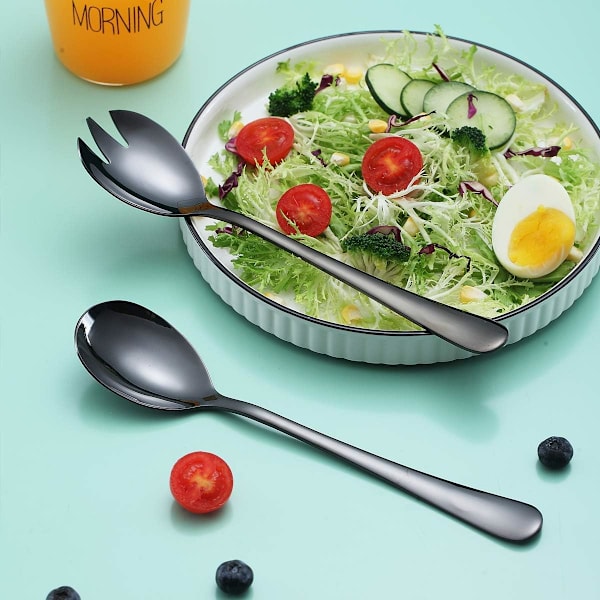 Salatsæt i rustfrit stål med farverig titanbelægning, salatbestik, salatgaffel, 2 dele (sort)