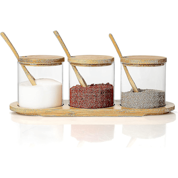 300ml Glass Spice Jars with Bamboo Lids and Spoons - Set of 3 Glass Spice Storage Jars with Base for Spices, Salt, Sugar