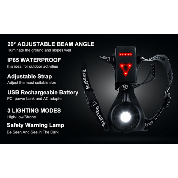 Løpevest med LED-lys 250 lumen for løping, sykling, vandring, c