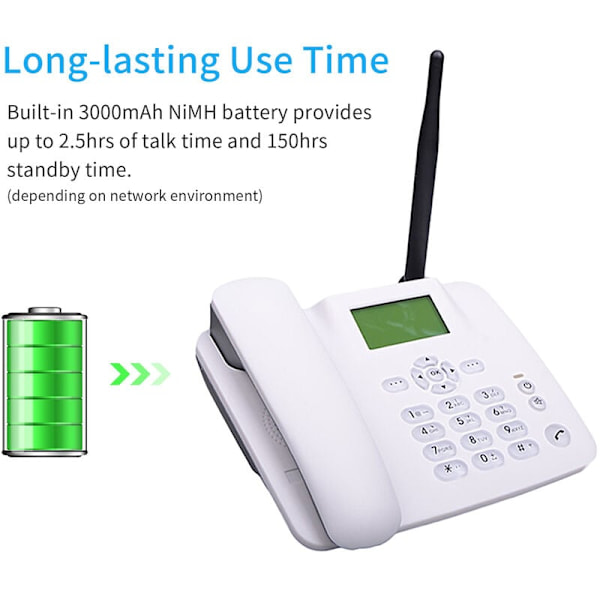 4G trådløs fast telefon med håndfri funktion, SIM-kort GSM 850/900/1800/1900Mhz med vækkeur, radioantenne, SMS-funktion til hjemmet