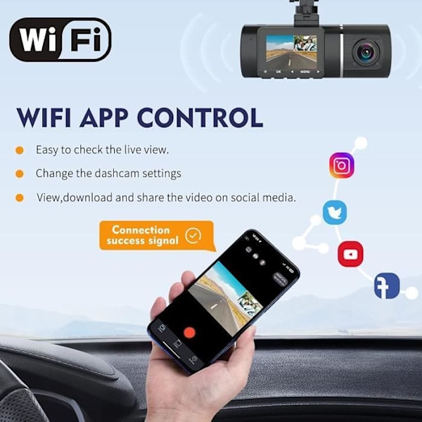 Abask J05 Pro Bilkamera 4K 1080P WIFI APP Anslutning DashCam Vinkel 170°+140° Mörkerseende Infraröd Med 64GB Kort