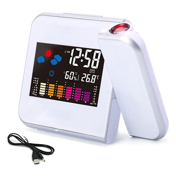 MINKUROW Digital Projektorvekkerklokke med Temperaturhygrometer, Tid, Dato, LCD-skjerm, Klokkeslett - med USB-kabel, Hvit?