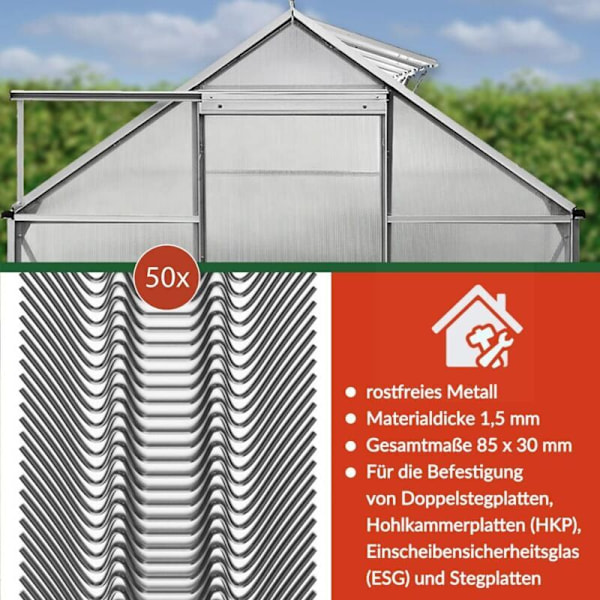 Glasklämmor för växthus i rostfritt stål 50 st Fäst polykarbonatplatta Växthusfästklämmor Klämmor W--