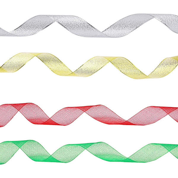 4 rullar 4/5 tum bred jul metalliska glitter organzaband Guld, silver, rött, grönt band för presentinslagning, julgransrumsdekoration