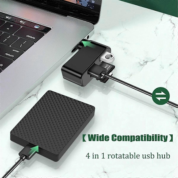 4-i-1 Roterbar USB-hub, Laptop-hub, Portabel 180 graders roterbar USB-hub, USB-hub Dokkingstasjon (Svart+Hvit)