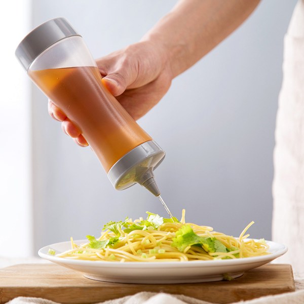 Tyk plastik sauce-klemmeflaske, køkken salat-klemmeflaske, salatdressingflaske med skarp mund, beige