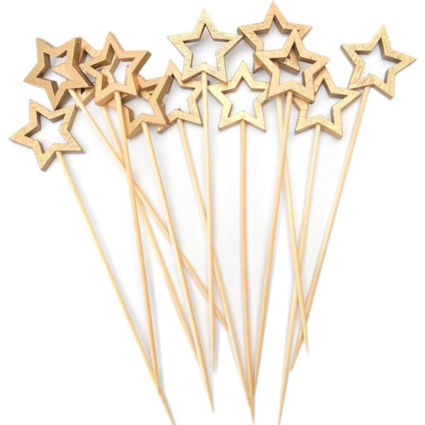 Gold Star Bamboo Cocktail Picks, 14cm Long Decorative Toothpicks Barbecue Skewers for Fruits and Drinks Garnish, Christmas Party Decorations 50 Pcs