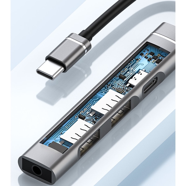Type-C-telakointiasema 3,5 mm:n liittimeen USB2.0 TypeC HUB 4-in-1-jakaja USB C -sovitin UDisk-näppäimistölle, harmaa