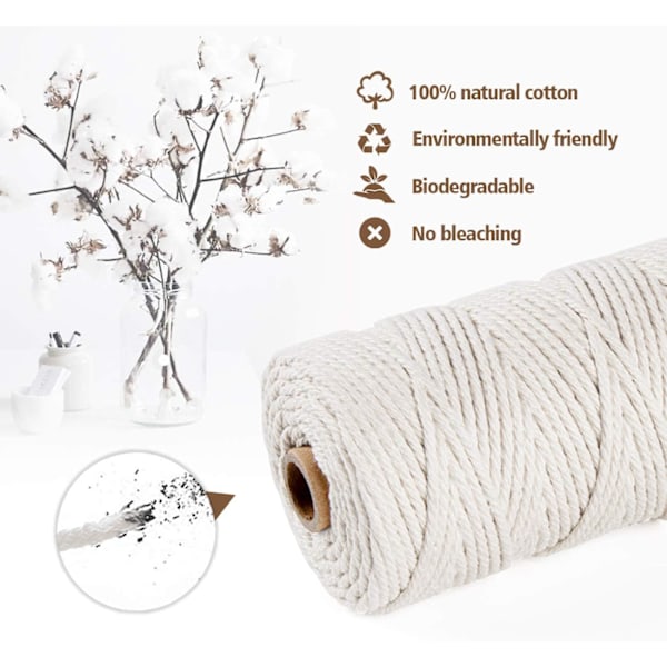 Makrame Tauverksett 3mm x 200m Beige Bomulls Tråd, Bomulls Makrame Tråd Garn Snøre, for Strikking Hengende Plante DIY Dekorasjon Gaveinnpakking - Beige