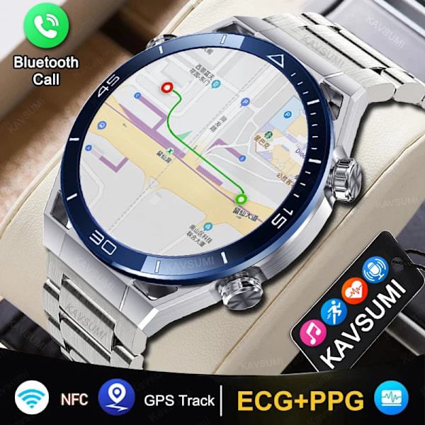 Ny NFC Smartklocka Herr Smart Bluetooth Samtal Sport GPS Spårning Smartwatch Dam Puls EKG PPG Smartklocka För Android ios Blå Stål