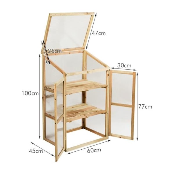 COSTWAY Trädgårdsväxthus i trä med 3 våningshyllor Klarglas 60x45x100CM polykarbonat för trädgård/balkong