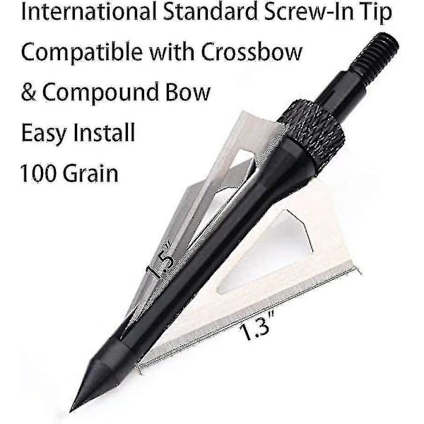 Jagt Pile Spidser, 12-pak 3-bladede Pile Spidser 100 grain Skru-ind Pile Spidser Pile Spidser Kompatible med Traditionelle Buer og Sammensatte Buer-meili