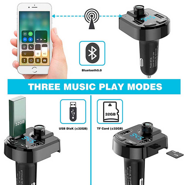Bluetooth FM-lähetin autoon, langaton FM-lähetin radiovastaanotin adapteri autosarja, jossa kaksois-USB-autolaturiliitännät, handsfree-puhelut, musiikki